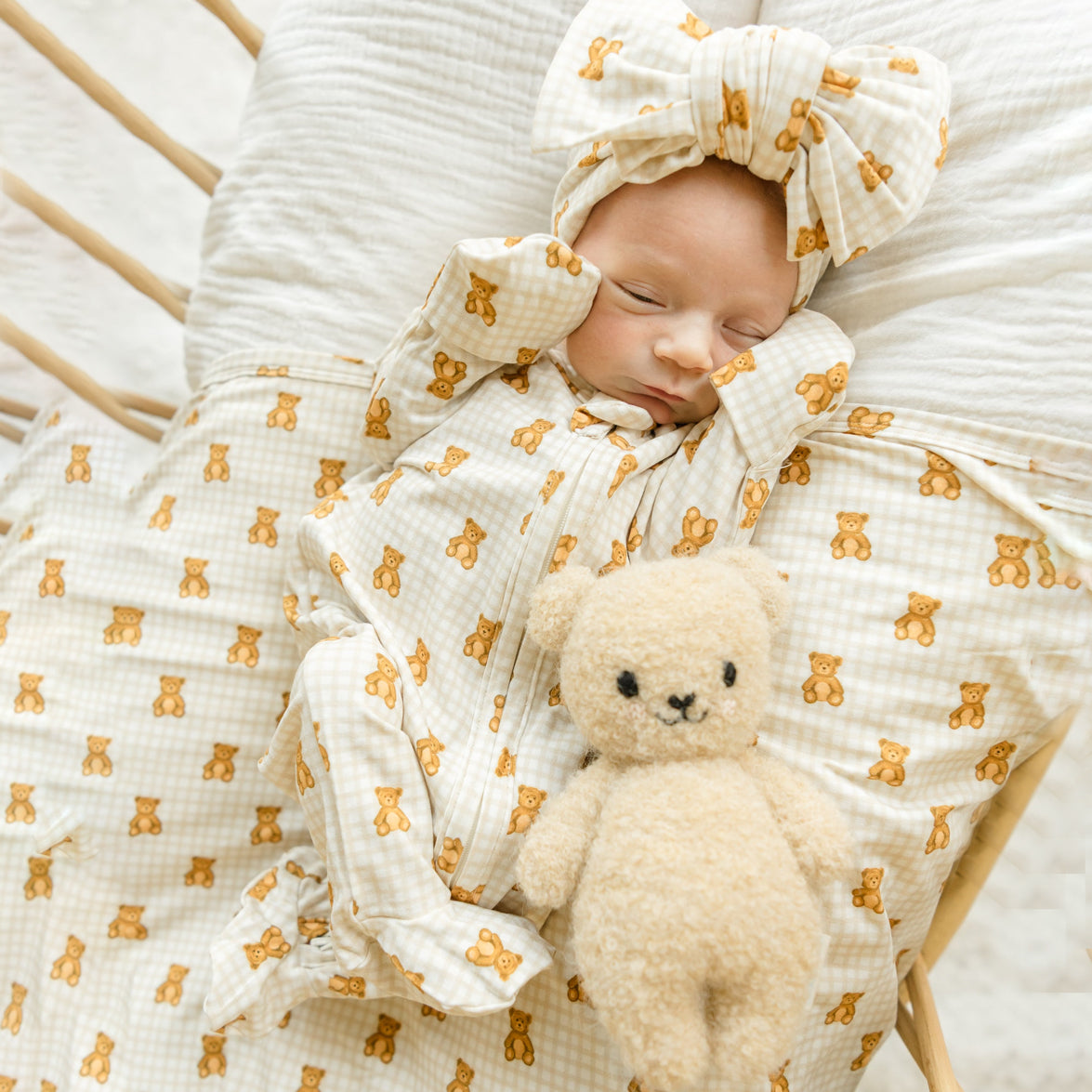 2PCS Bear Plaid Printed Long Sleeve Zipper Baby Jumpsuit