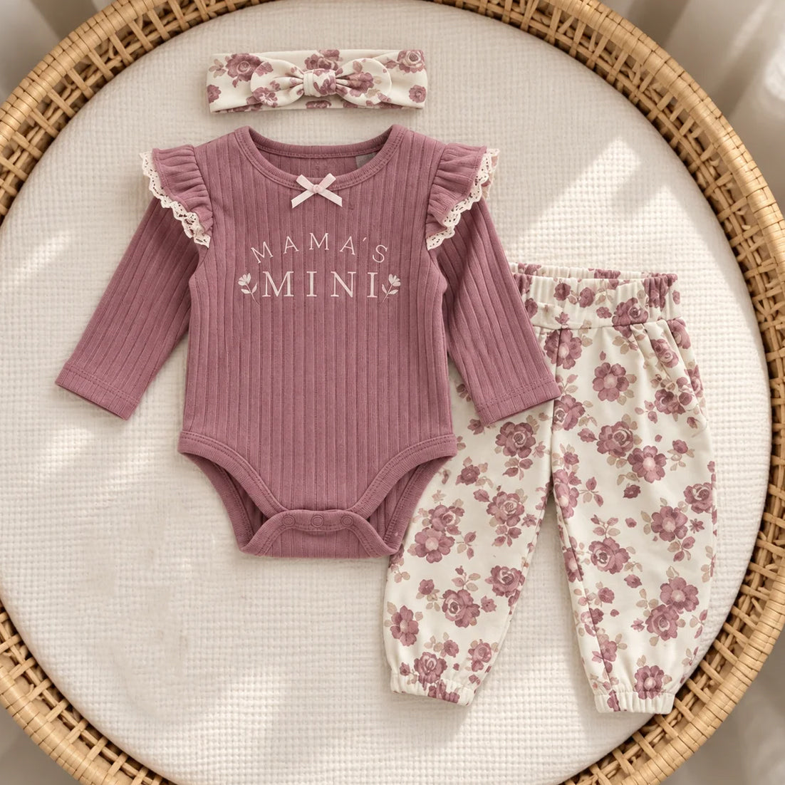 3PCS Sweet Baby Girl Mama's Mini Letter Floral Print Long Sleeve Set