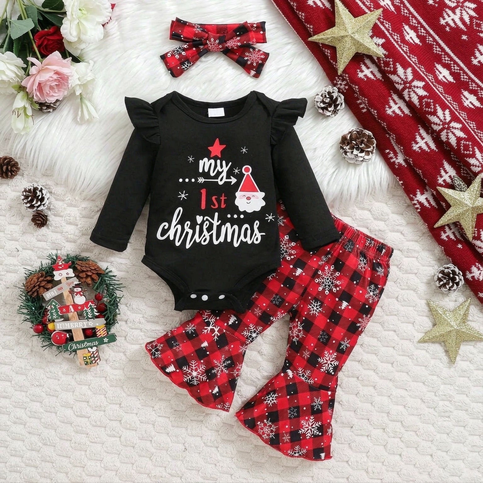 3PCS My 1st Christmas Letter Plaid Print Long Sleeve Baby Set