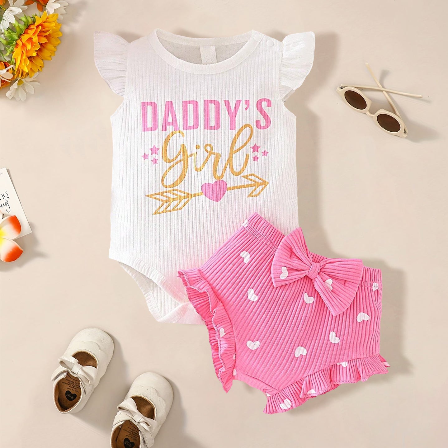 3PCS Daddy's Girl Letter Heart Printed Sleeveless Baby Set