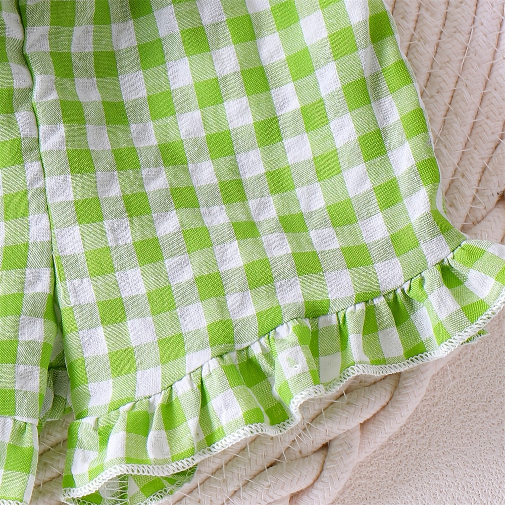 2PCS Watermelon Appliqué Plaid Print Flutter Sleeve Baby Set