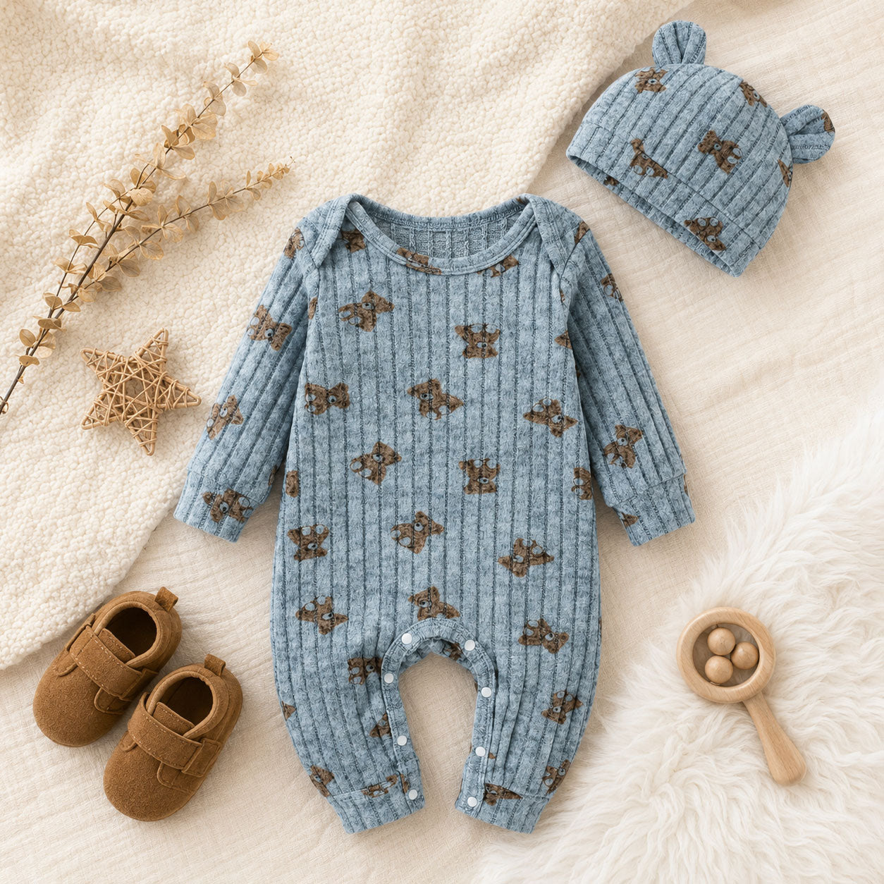 2PCS Casual Bear Printed Long Sleeve Baby Jumpsuit