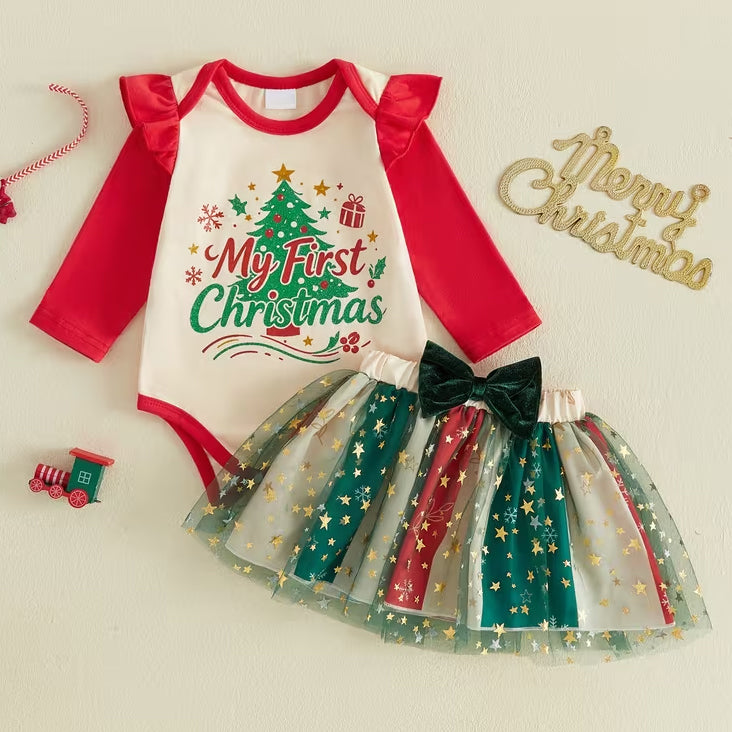 2PCS Sweet My First Christmas Letter Tree Print Tulle Baby Girl Set