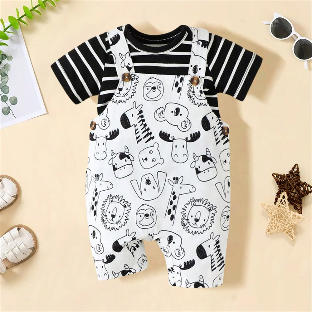 2PCS Casual Animal Printed Striped Short Sleeve Baby Overalls Set