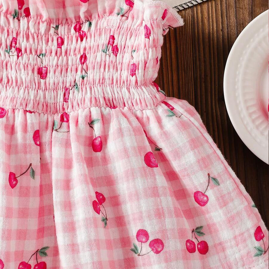 2PCS Lovely Cherry & Plaid Print Sleeveless Baby Romper