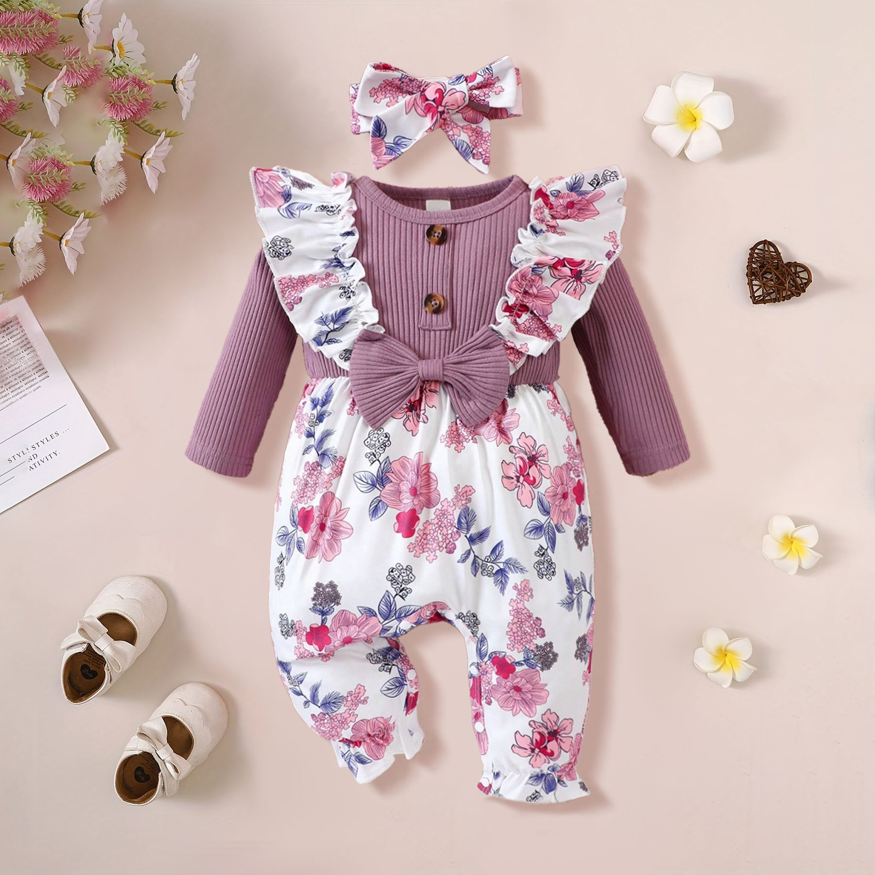 2PCS Floral Print Bow Long Sleeve Baby Girl Jumpsuit