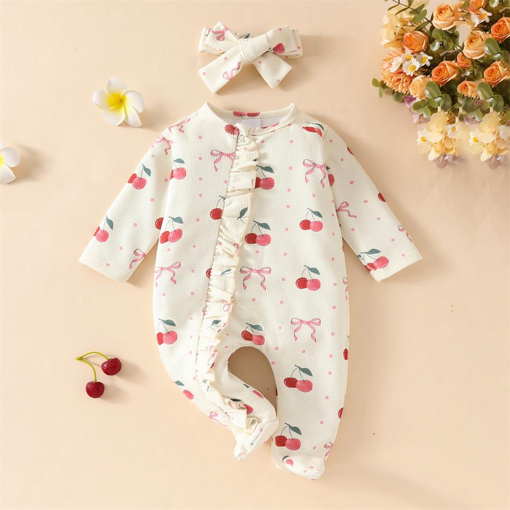 2PCS Cherry and Bow Print Ruffle Long Sleeve Baby Jumpsuit