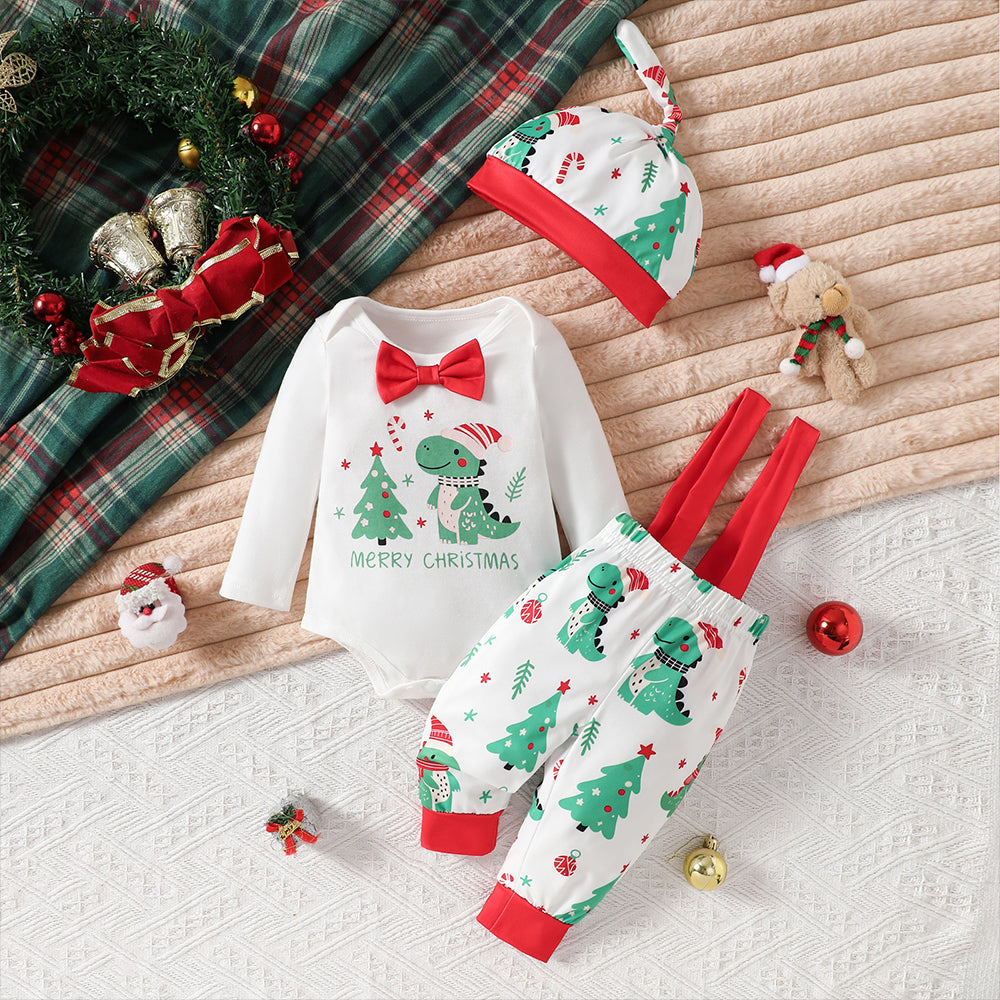3PCS Cute Merry Christmas Letter Dinosaur Tree Print Baby Overalls Set