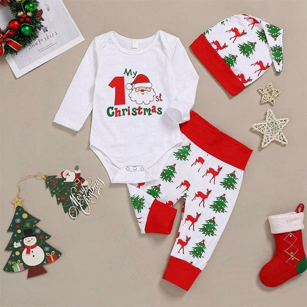 3PCS My 1st Christmas Tree Letter Santa Claus Elk Printed Baby Set