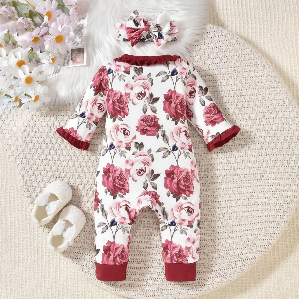 2PCS Classic Floral Printed Ruffle Long Sleeve Baby Girl Jumpsuit