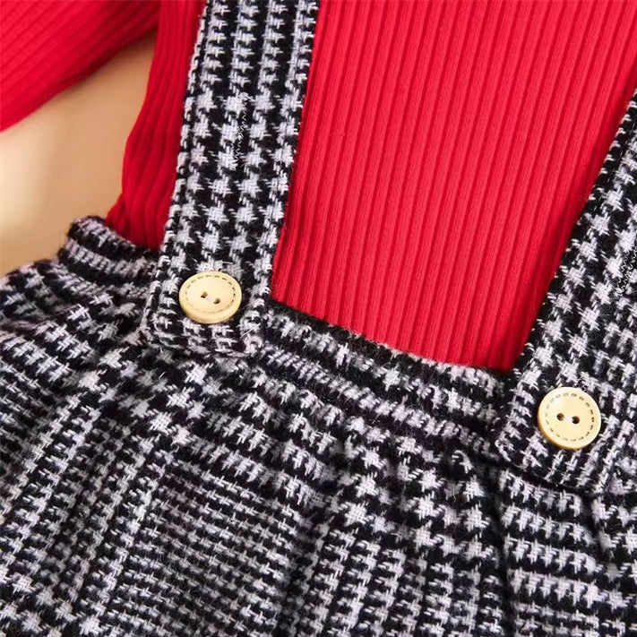 2PCS Sweet Santa Applique Houndstooth Print Long Sleeve Baby Girl Set