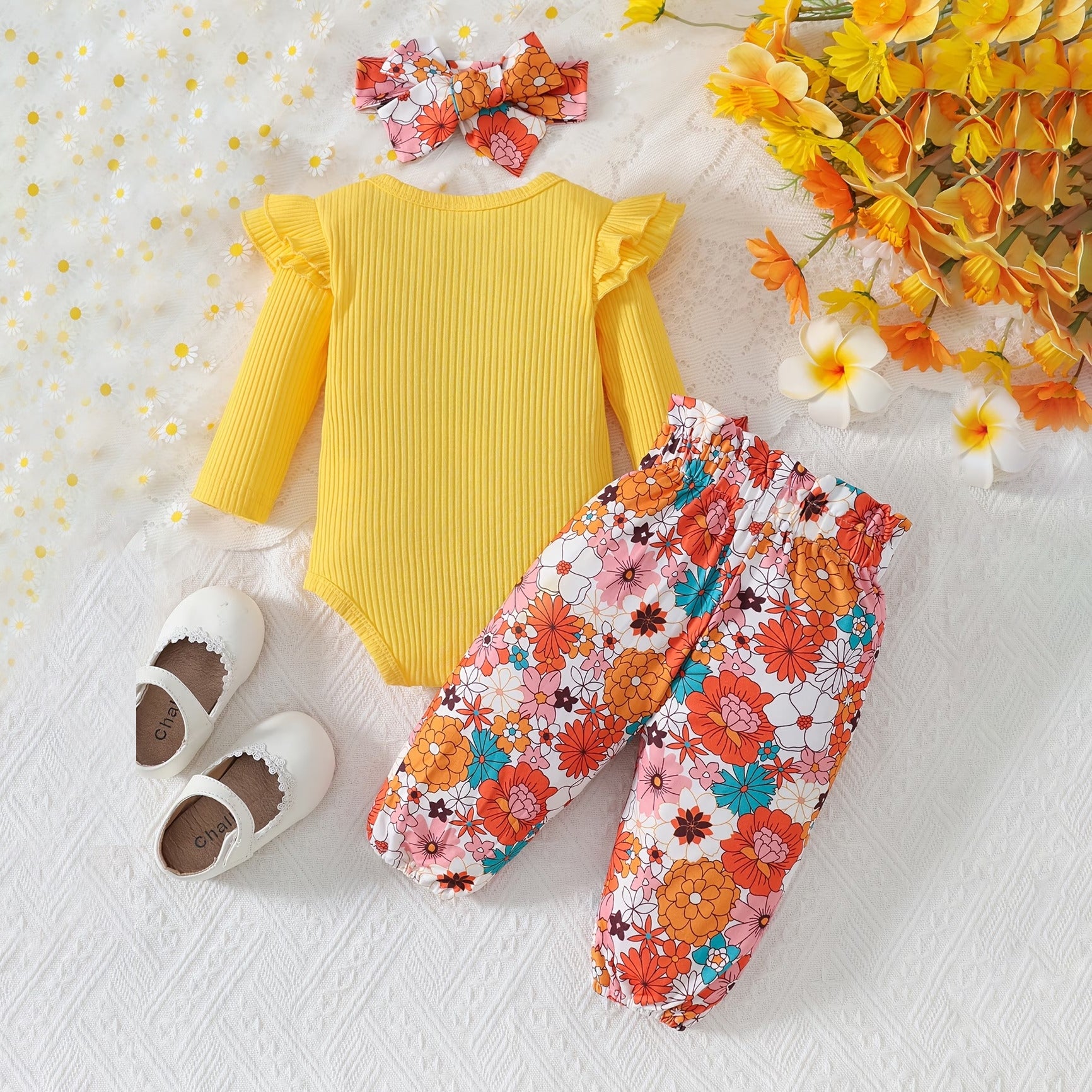 3PCS Lovely Little Sister Letter Floral Print Baby Set