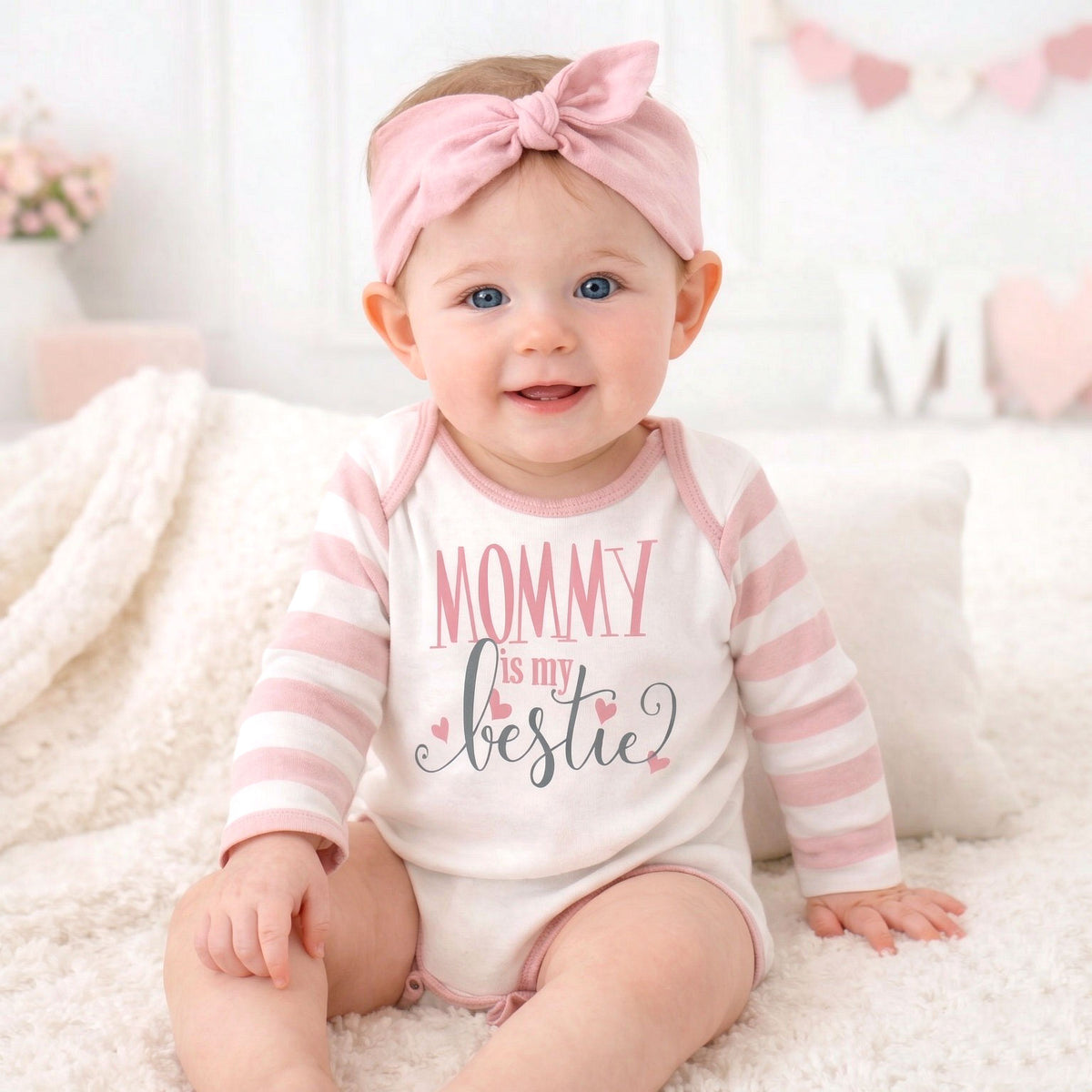 Mommy Is My Bestie Letter Stripe Printed Baby Girl Romper