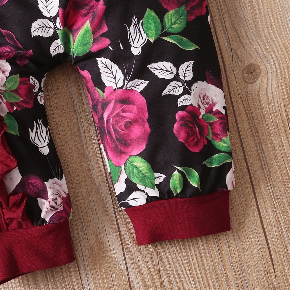 2PCS Casual Floral Print Frill Trim Short Sleeve Baby Jumpsuit