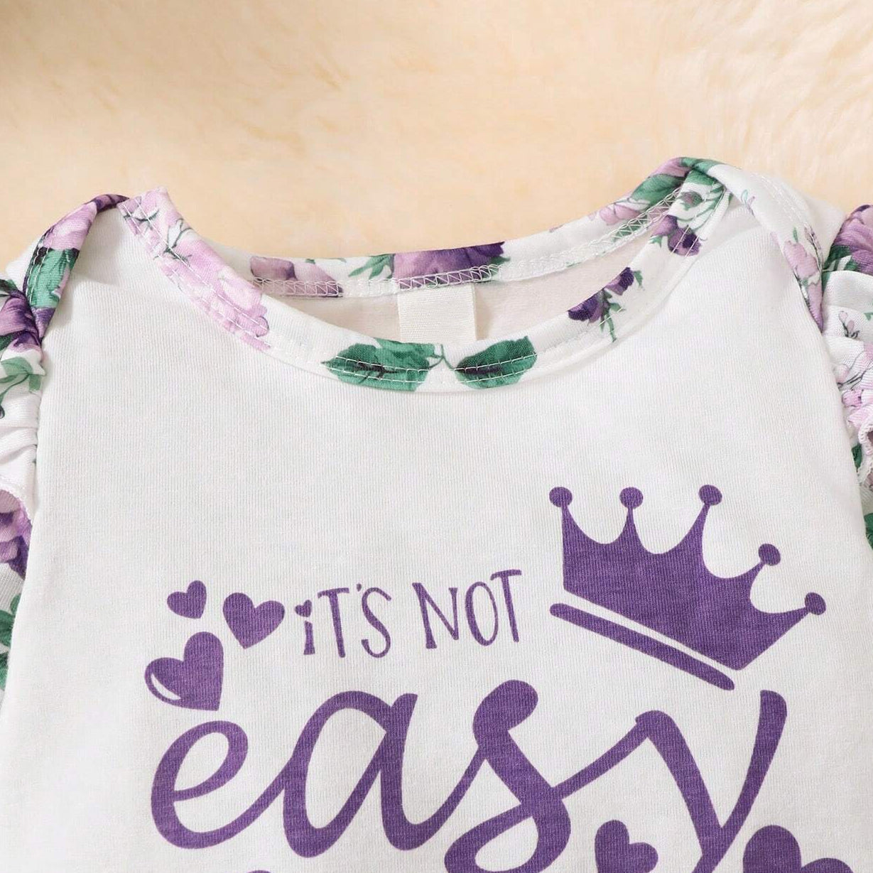 2PCS It's Not Easy Being A Princess Letter Floral Printed Baby Jumpsuit