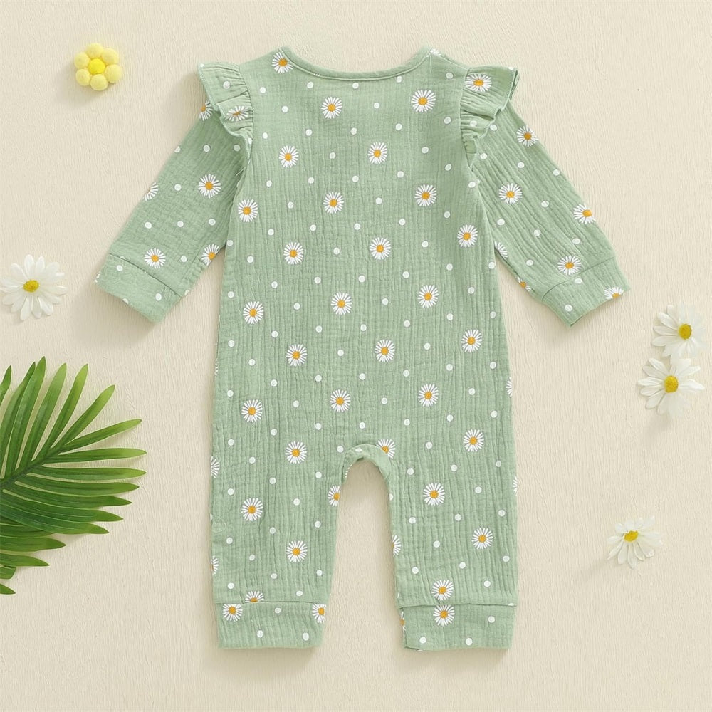 Casual Daisy Print Long Sleeve Zipper Baby Jumpsuit