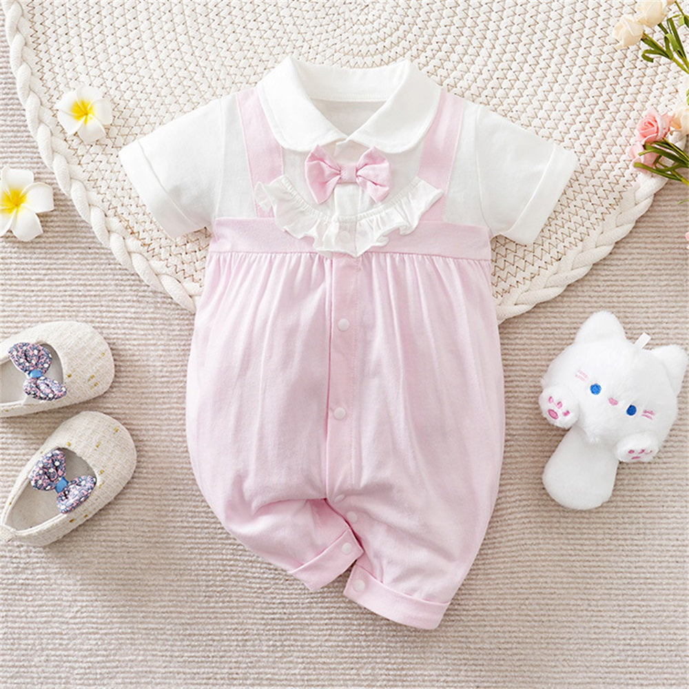 Sweet Pink Lapel Short Sleeve Baby Jumpsuit