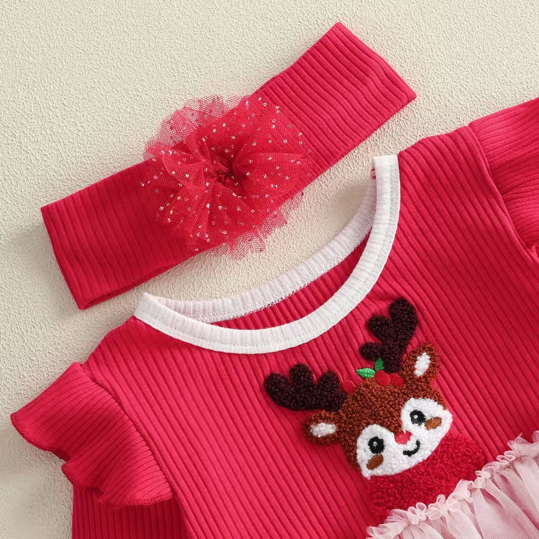 2PCS Baby Girl Reindeer Applique Long Sleeve Christmas Tulle Romper