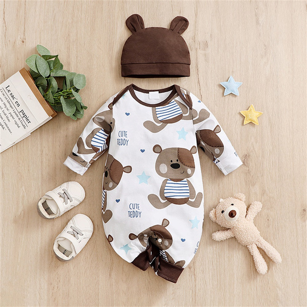 2PCS Adorable Bear Print Long Sleeve Baby Jumpsuit