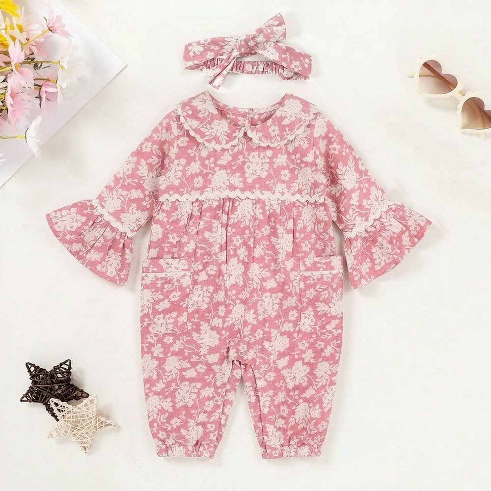 2PCS Charming Floral Printed Ruffle Long Sleeve Baby Girl Jumpsuit