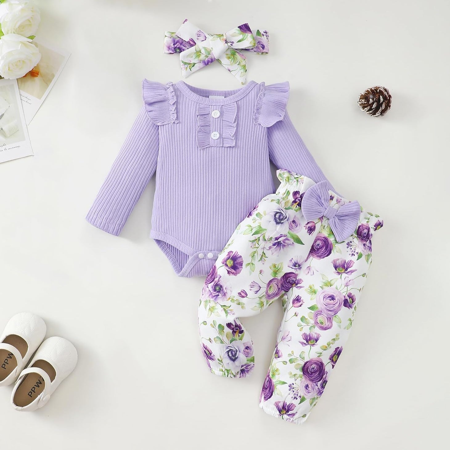 3PCS Floral Print Long Sleeve Baby Girl Set