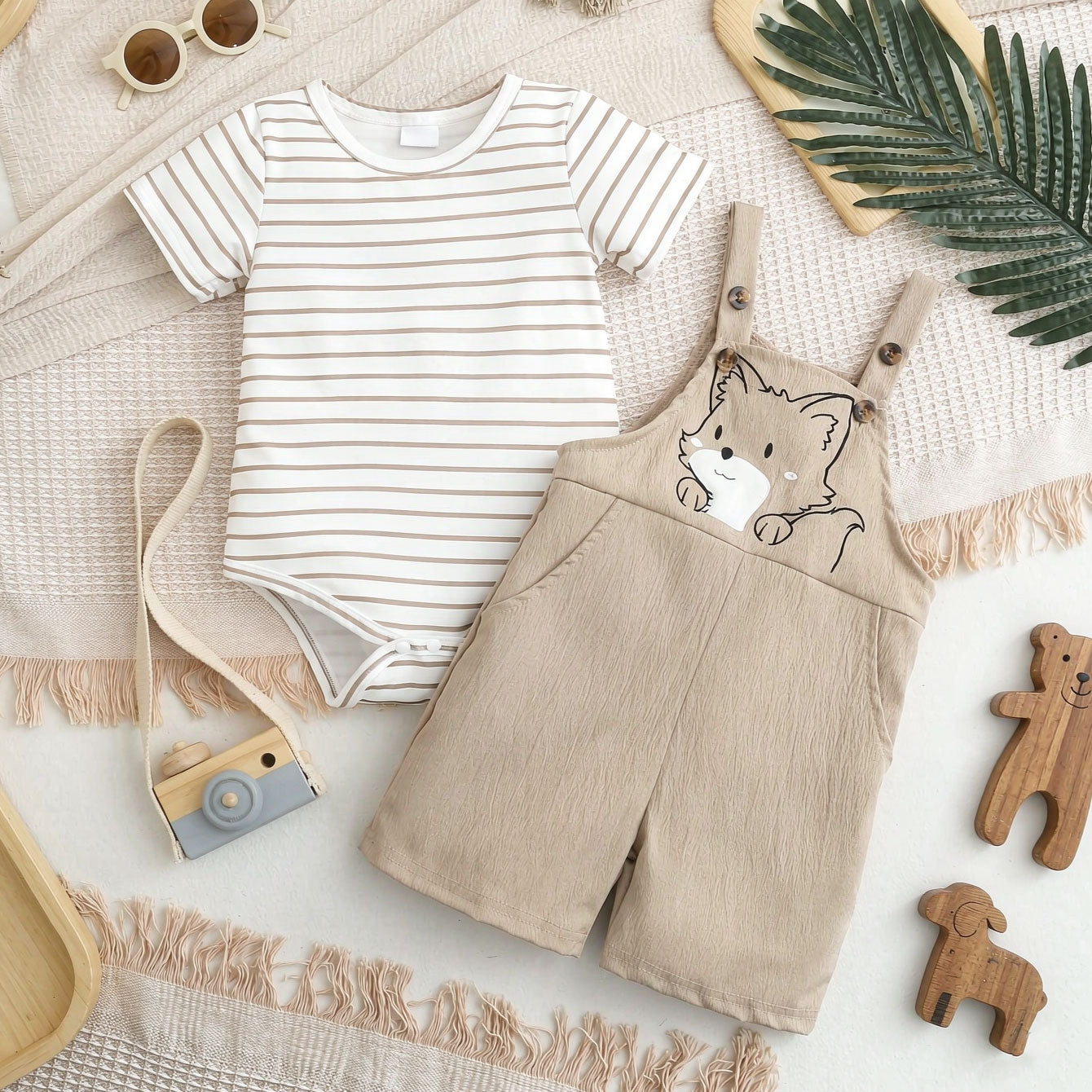 2PCS Cartoon Fox Stripe Printed Overalls Short Sleeve Baby Set
