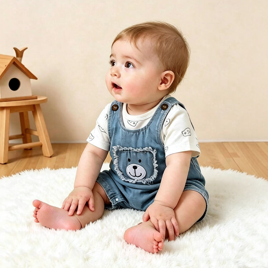 Lovely Bear Print Short Sleeve Denim Baby Jumpsuit