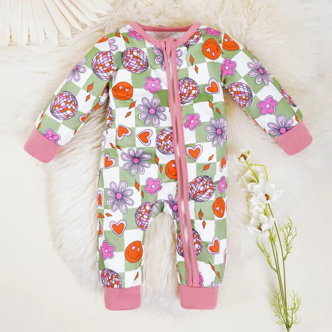 Stylish Plaid Floral Printed Long Sleeve Zipper Baby Jumpsuit