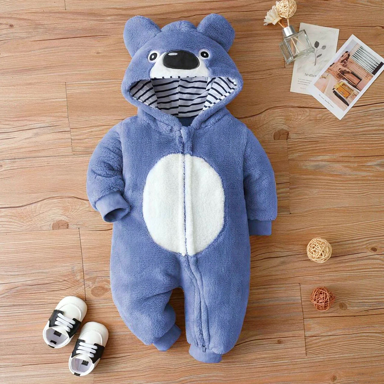 Casual Fuzzy 3D Ear Bear Stripe Printed Zipper Baby Jumpsuit