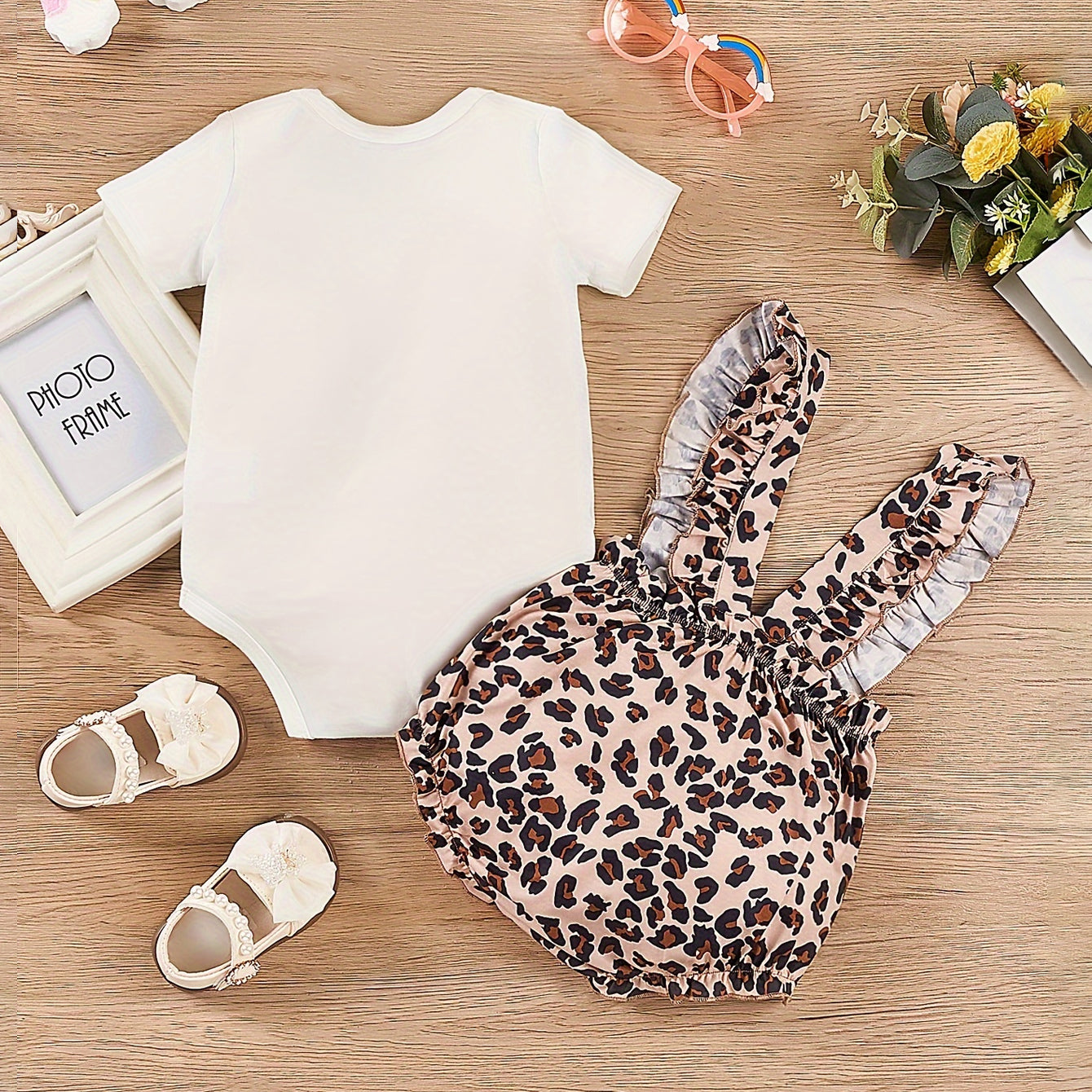 2PCS Mom's Mini Girl Letter Leopard Printed Short Sleeve Baby Set