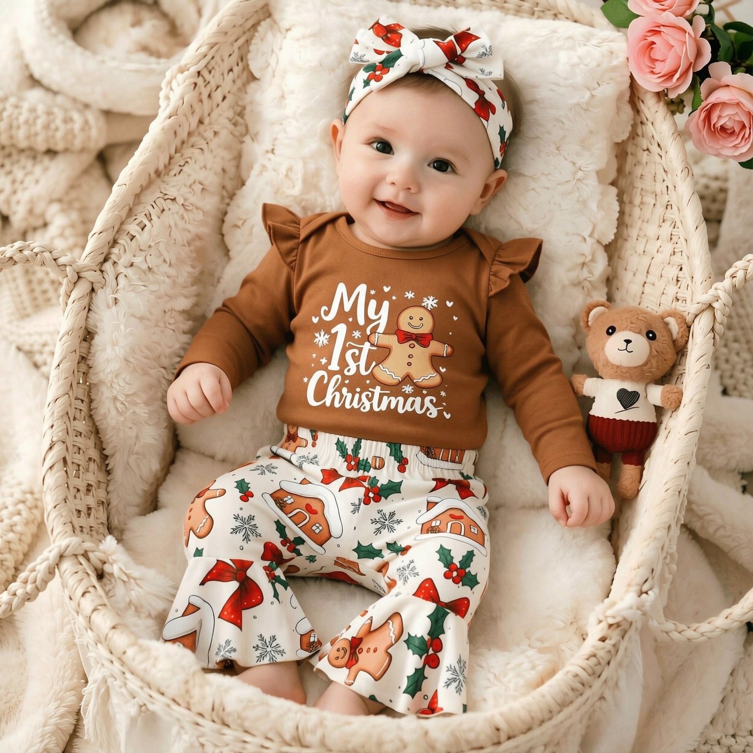 3PCS My 1st Christmas Letter Gingerbread Man Print Baby Set