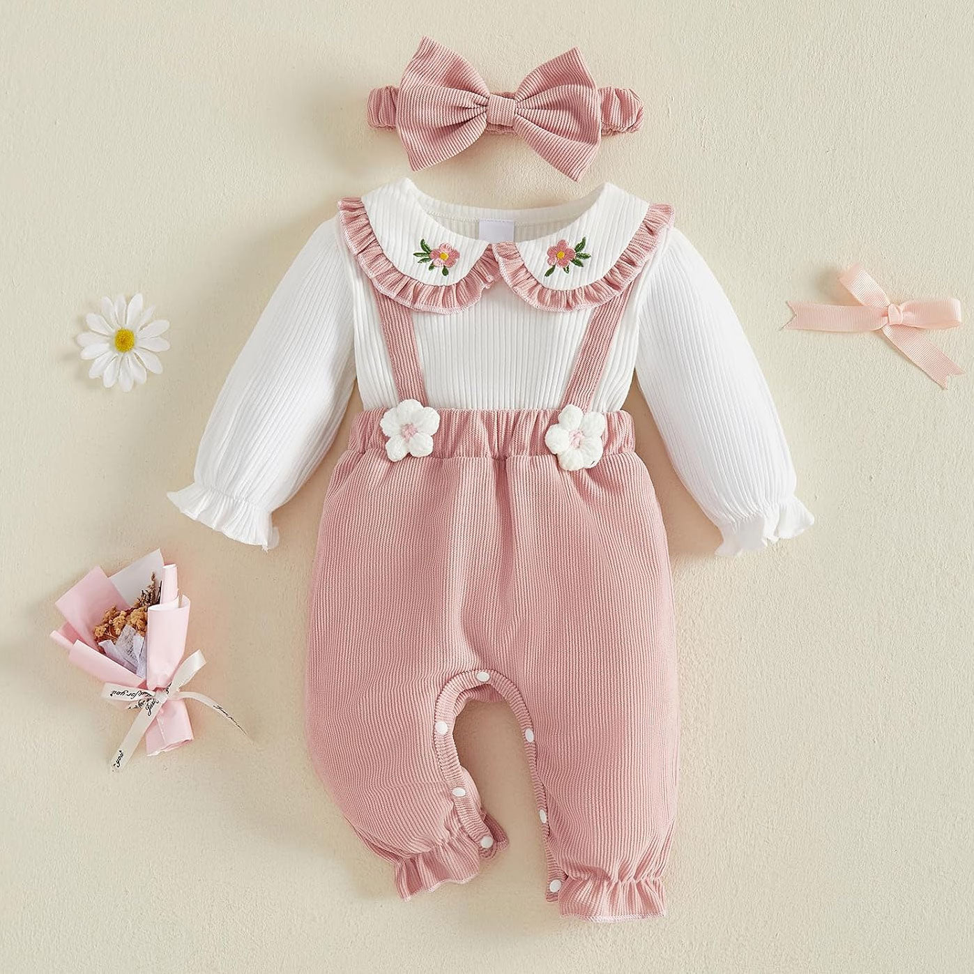 2PCS Lovely Floral Appliqué Long Sleeve Baby Jumpsuit