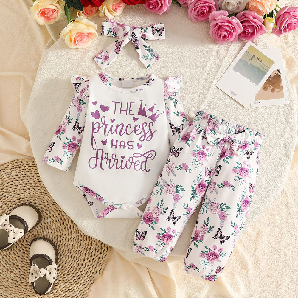 3PCS Charming The Princess Has Arrived Letter Floral Print Baby Set