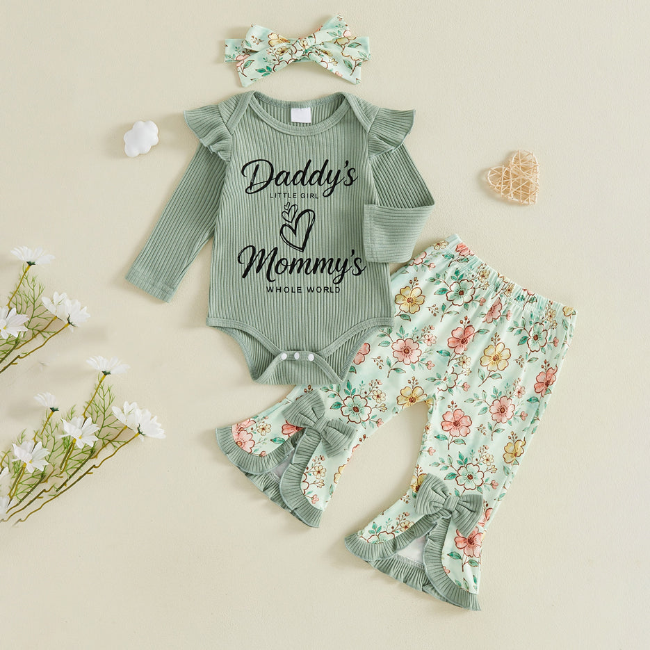 3PCS Daddy's Girl & Mommy's Word Letter Floral Print Baby Set