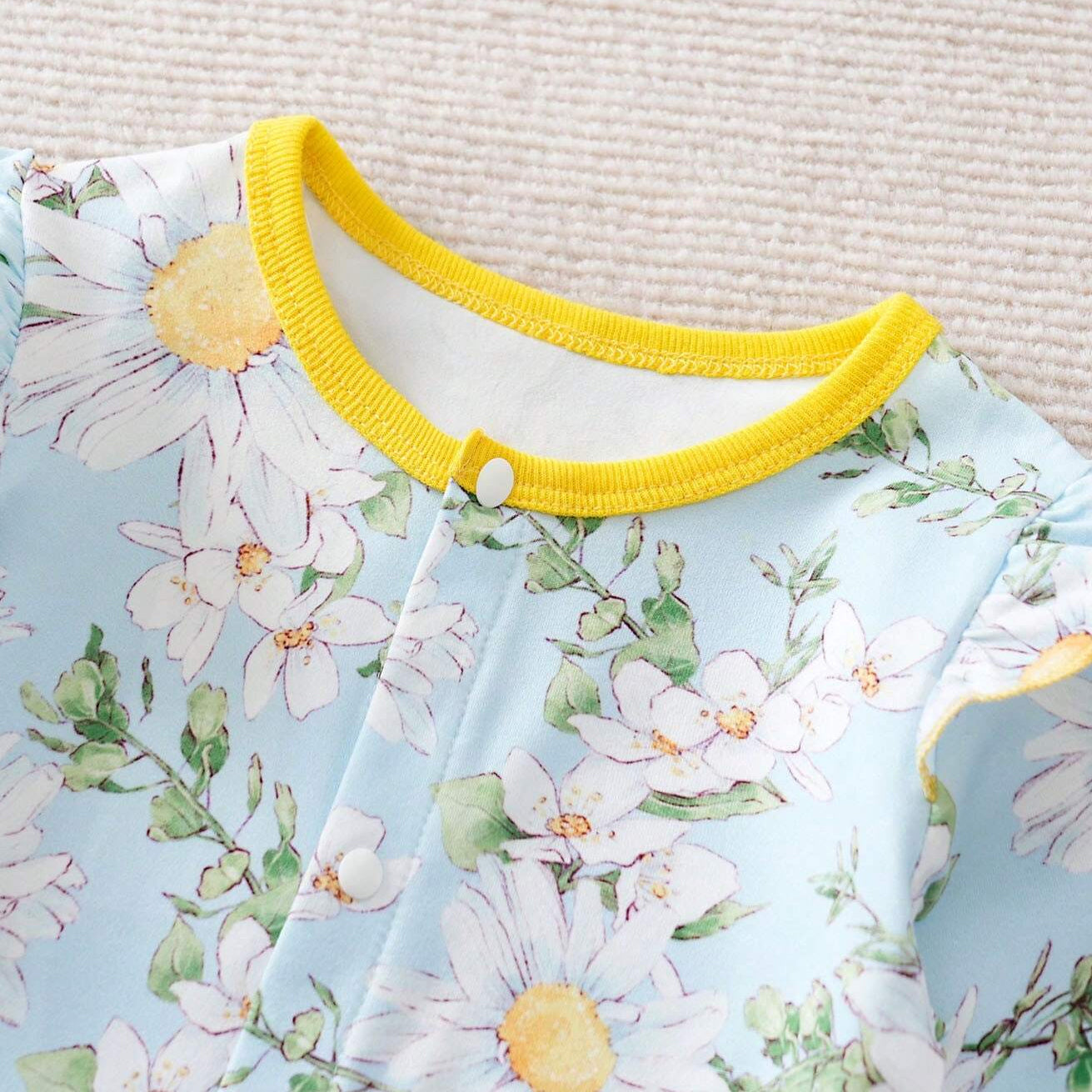 Elegant Floral Printed Ruffle Trim Long Sleeve Baby Jumpsuit