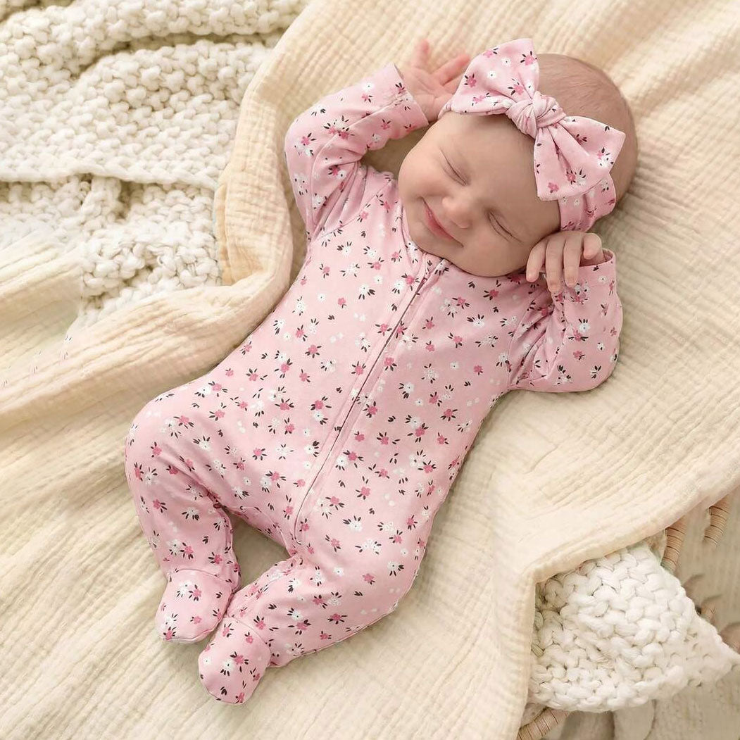 2PCS Bubbly Floral Printed Zipper Long Sleeve Baby Jumpsuit