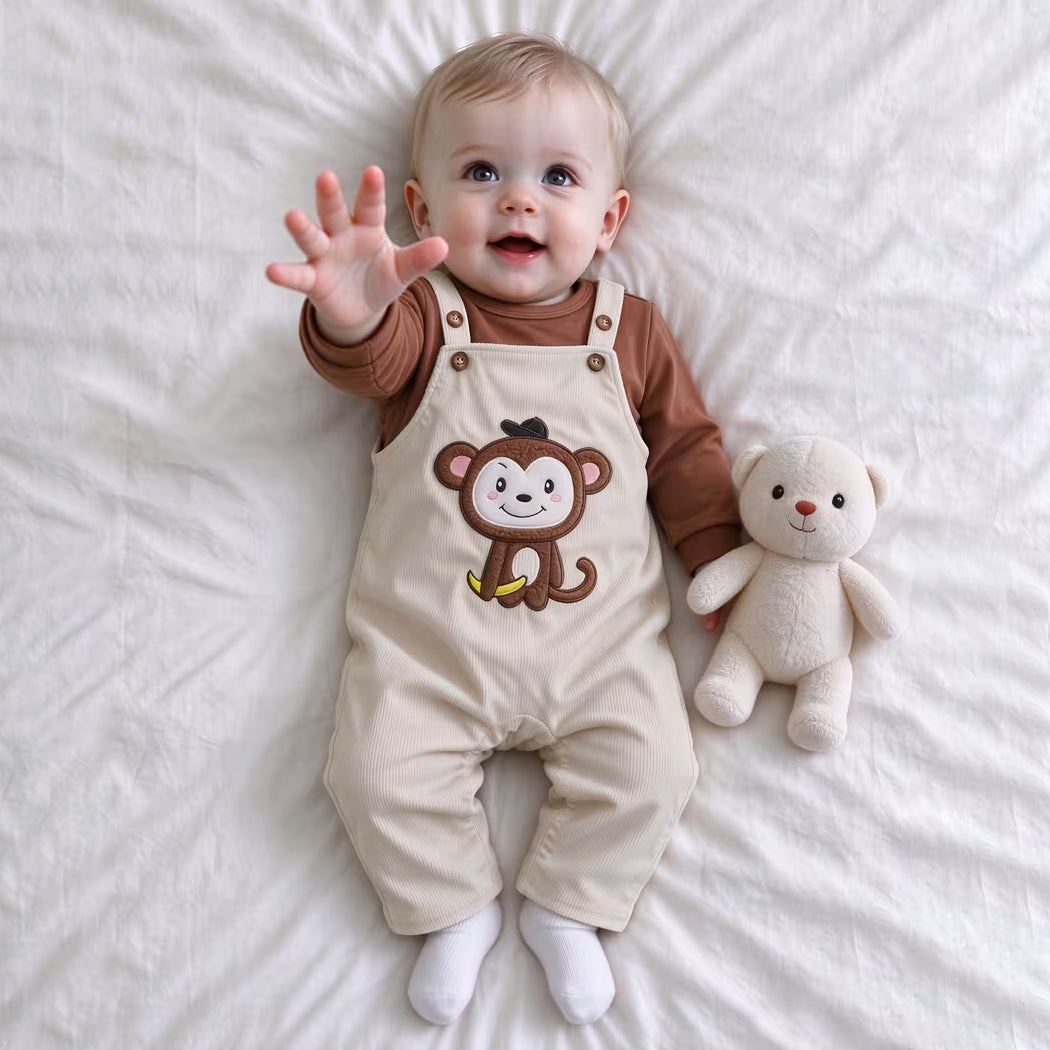 2PCS Lovely Monkey Applique Long Sleeve Baby Overalls Set