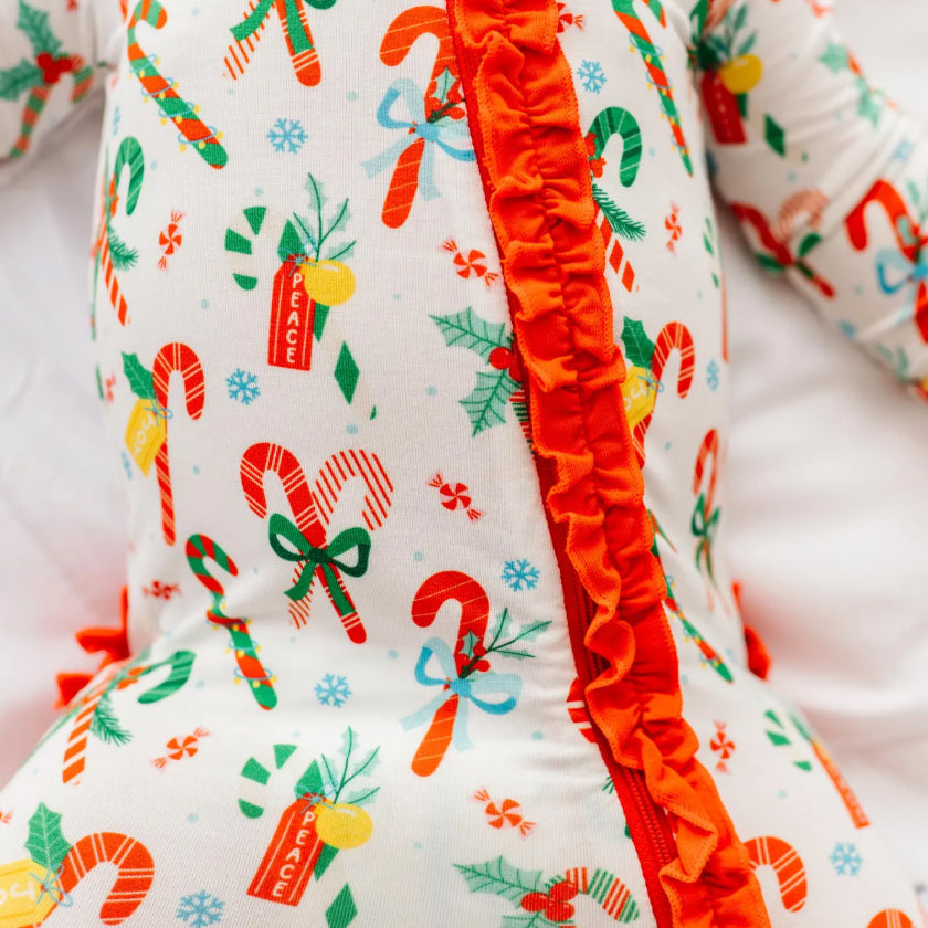 Candy Canes Print Ruffle Long Sleeve Baby Jumpsuit