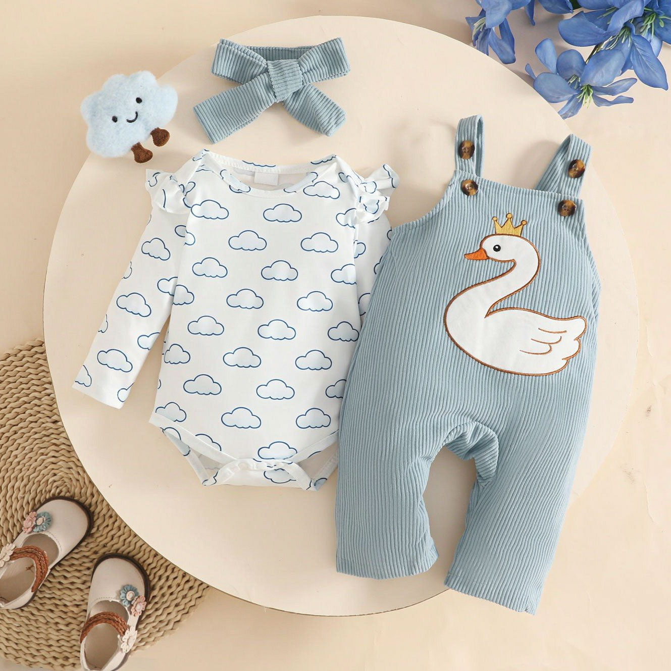 3PCS Lovely Swan Embroidered Cloud Print Baby Girl Overalls Set