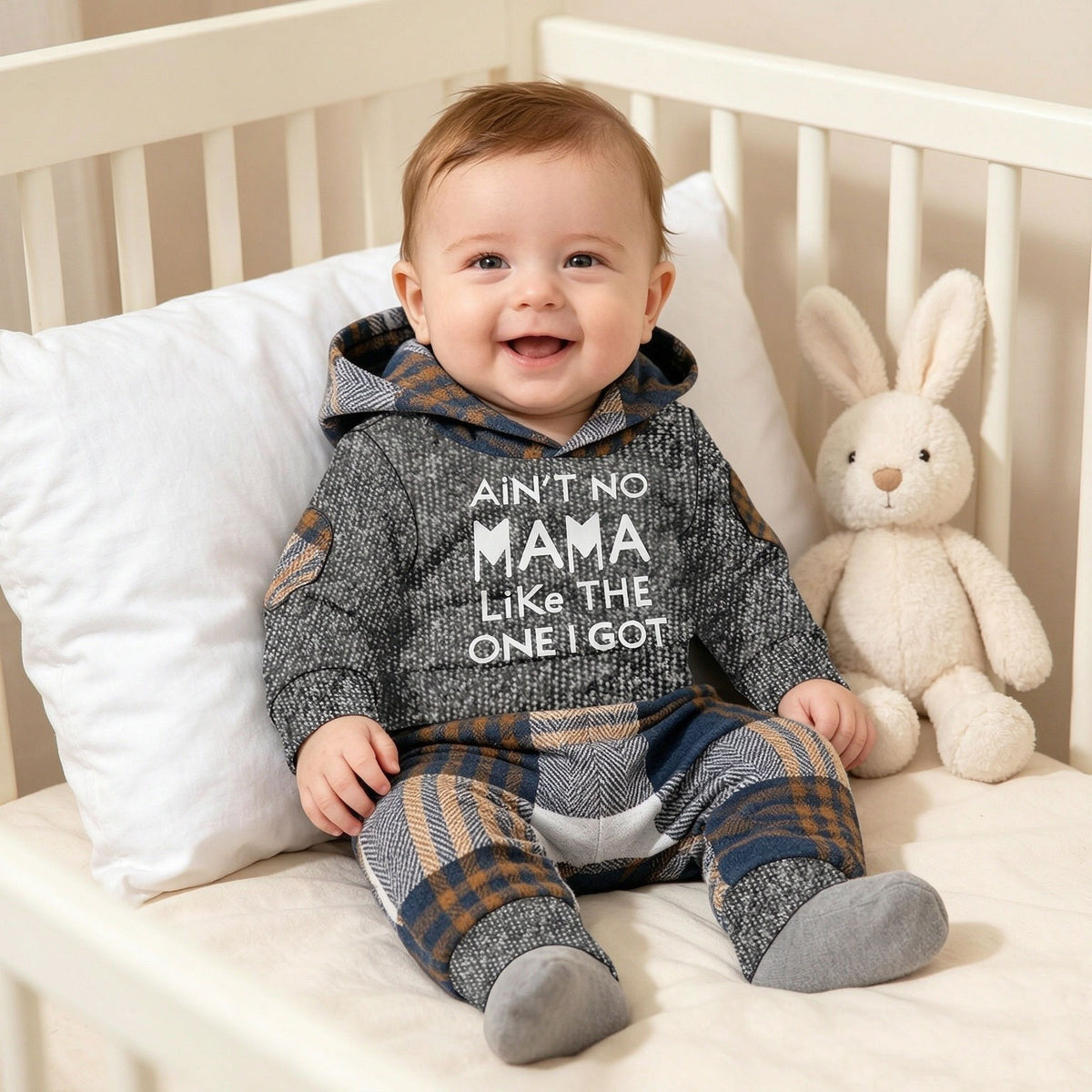 2PCS Cozy Ain't No Mama Letter Plaid Print Hoodie Long Sleeve Baby Set