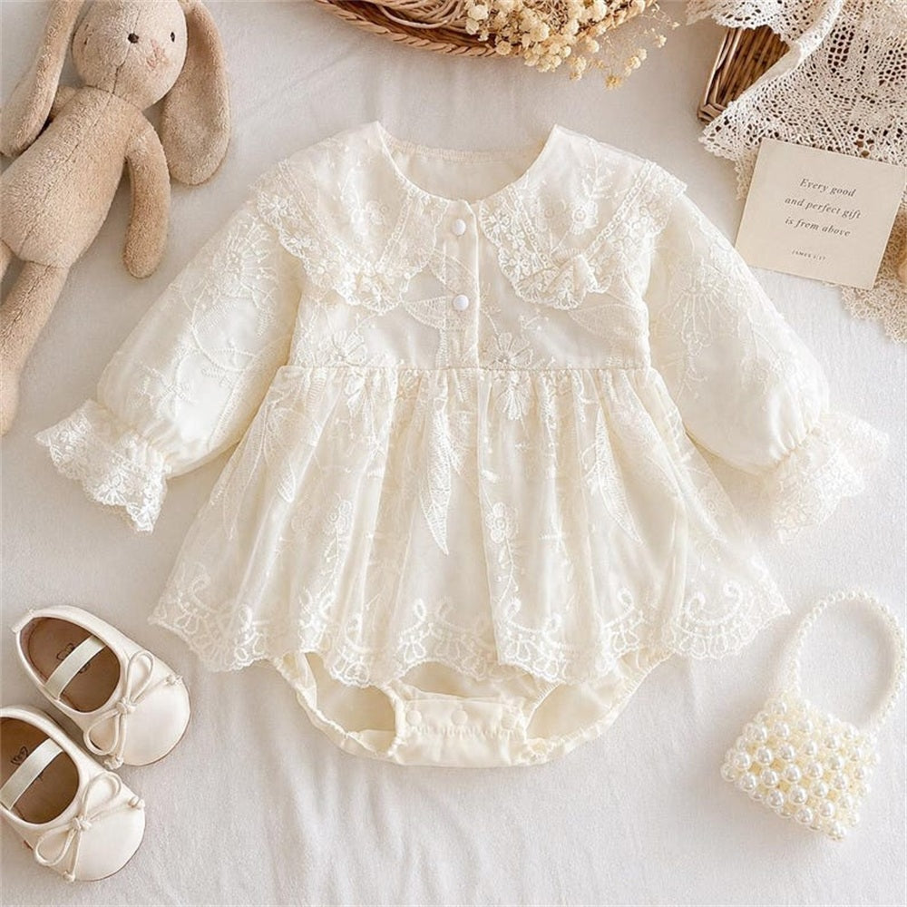 Gorgeous Solid Color Long Sleeve Floral Embroidery Baby Romper