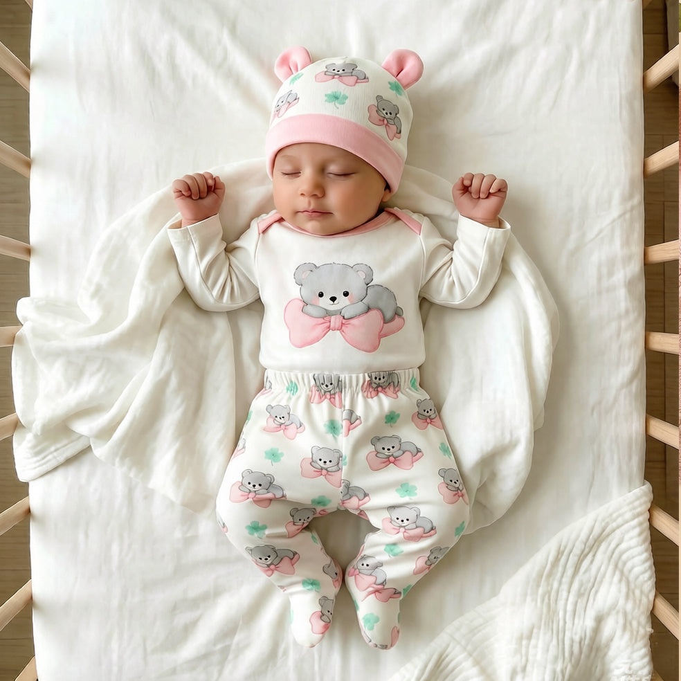 3PCS Lovely Bow Bear and Clover Print Long Sleeve Baby Set