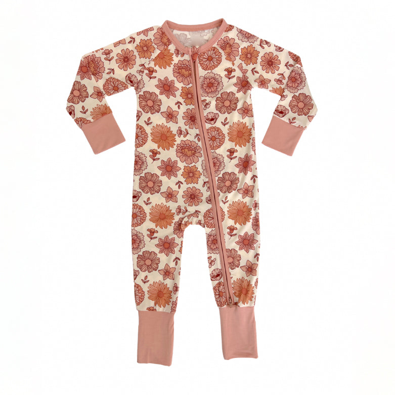 Adorable Allover Floral Printed Long Sleeve Zipper Baby Jumpsuit