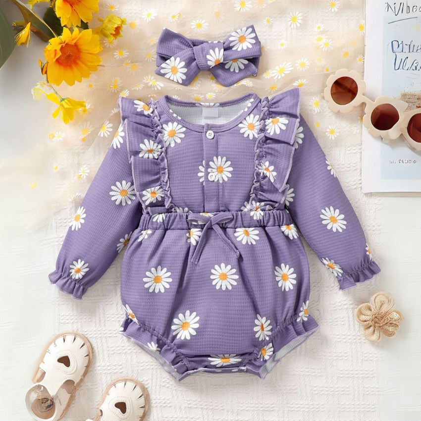 2PCS Stylish Daisy Print Long Sleeve Baby Romper