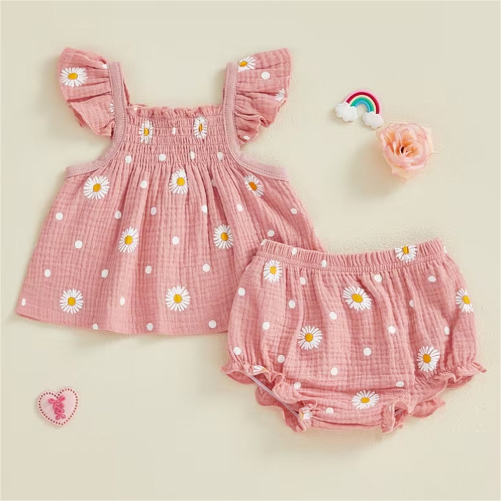 2PCS Summer Cute Daisy Printed Fly Sleeve Baby Set