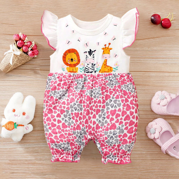 Cute Animal Heart Printed And Sleeveless Baby Jumpsuit
