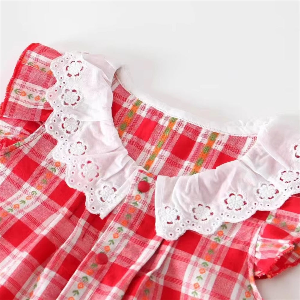 2PCS Pretty Plaid Floral Print Flutter Sleeve Baby Jumpsuit
