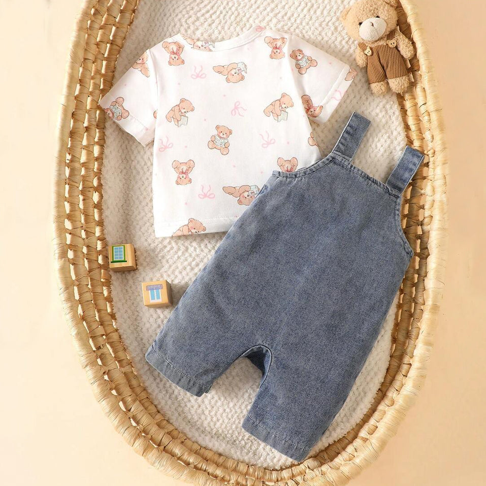 2PCS Cute Teddy Bear Print Denim Short Sleeve Overalls Baby Set