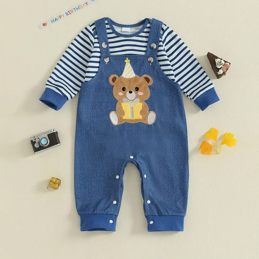2PCS Cute Bear Print Striped Long Sleeve Baby Set