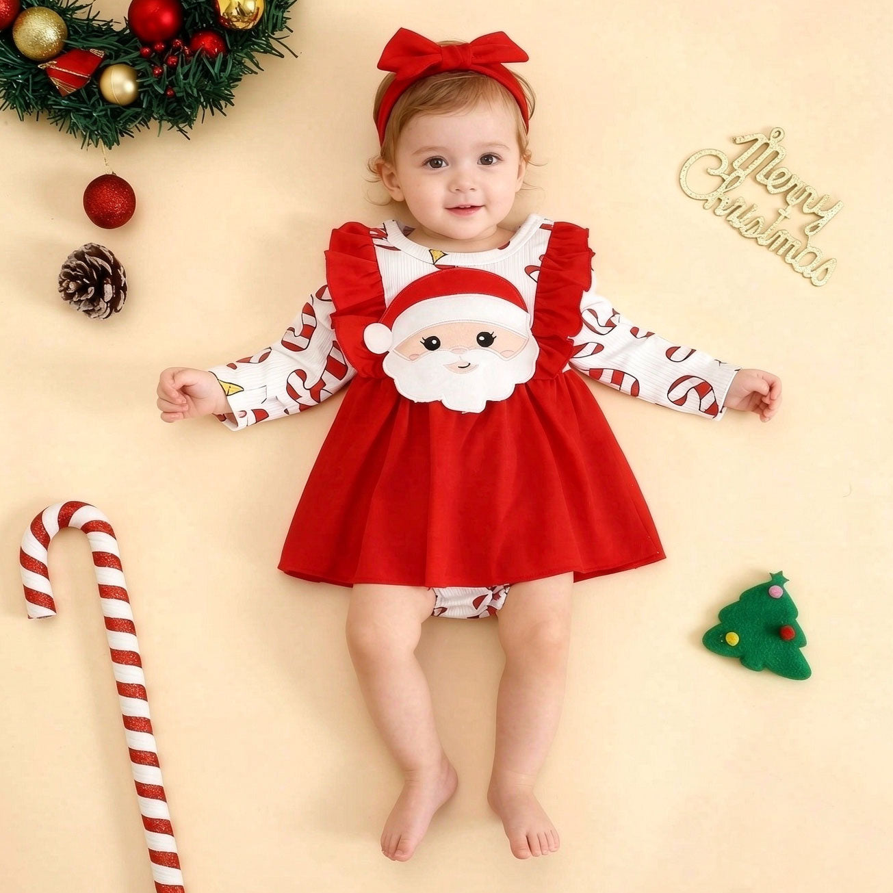 2PCS Christmas Santa Claus Embroidery Candy Cane Printed Baby Romper